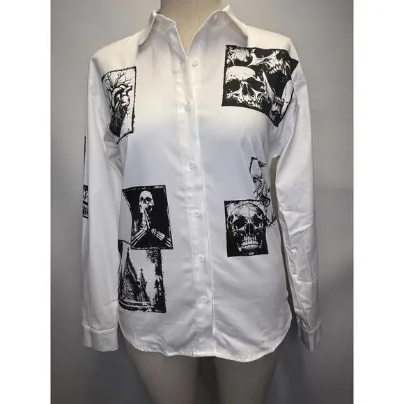 NWT - ocial Collision Skull Grave Patch Long-Sleeve Woven Button-Up - Unisex SM - Picture 1 of 8
